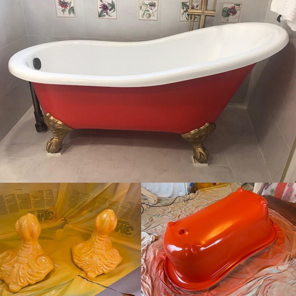 Clawfoot tub refinished with a red exterior and gold feet, shown alongside the feet and tub body mid-refinish