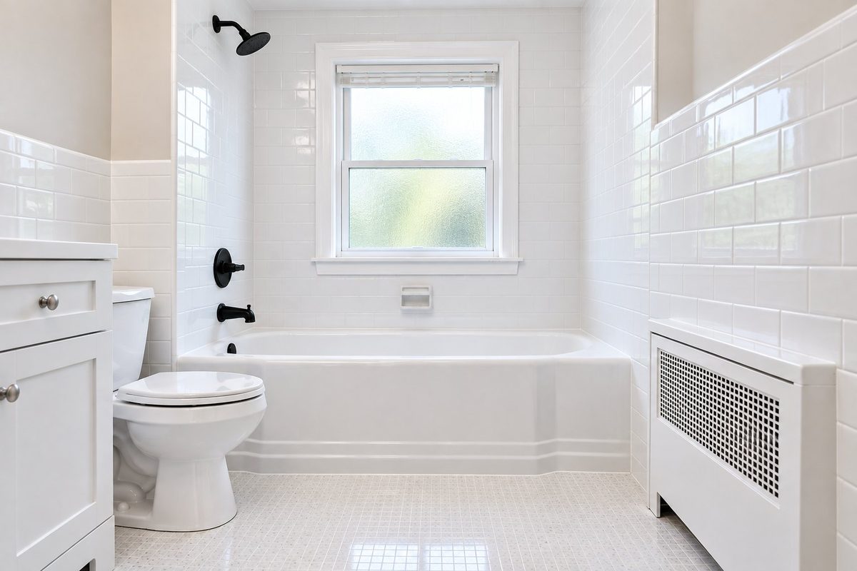 Bright white bathroom with a glossy refinished tub and subway tile